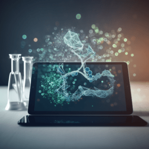 Fusion of AI and natural wellness, sleek digital tablet displaying a supplement bottle intertwined with digital neural networks and organic tendrils.